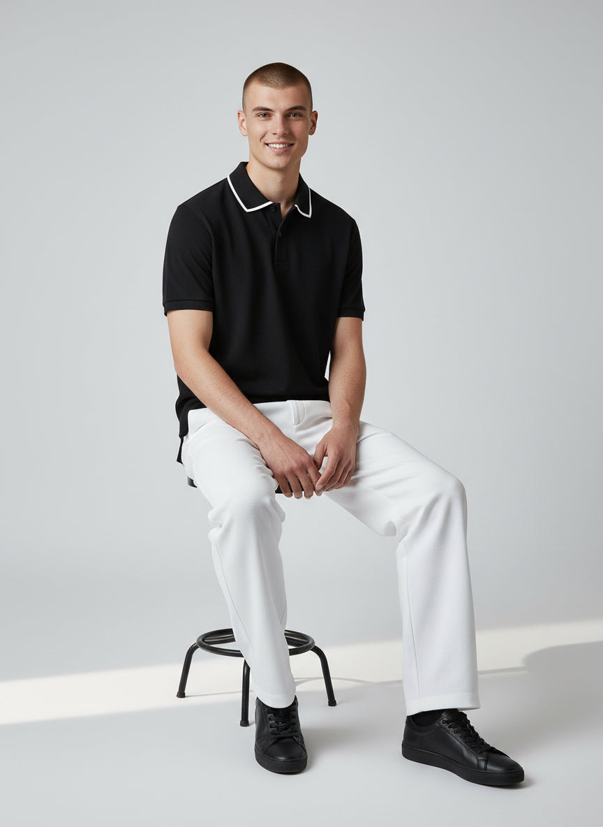 Technical Modern Black Polo with White Trim | Minimal Essential