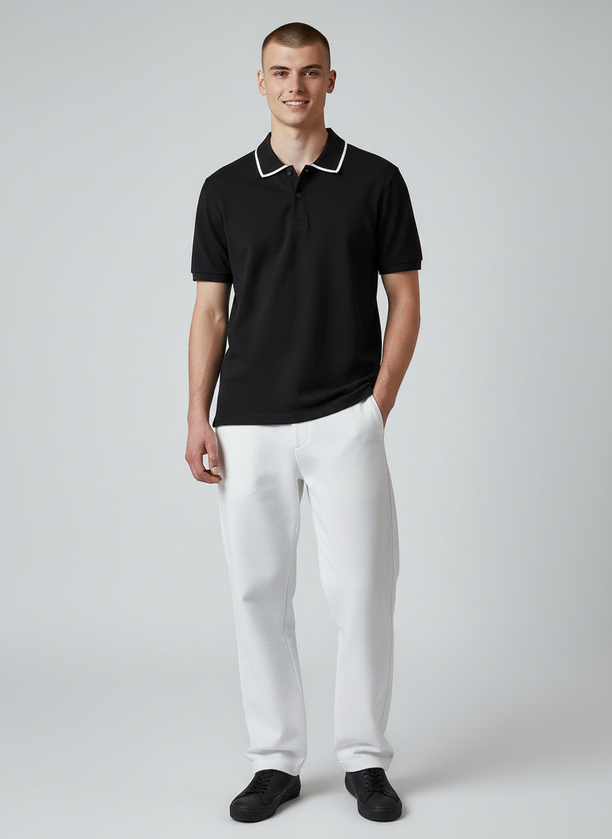 Technical Modern Black Polo with White Trim | Minimal Essential