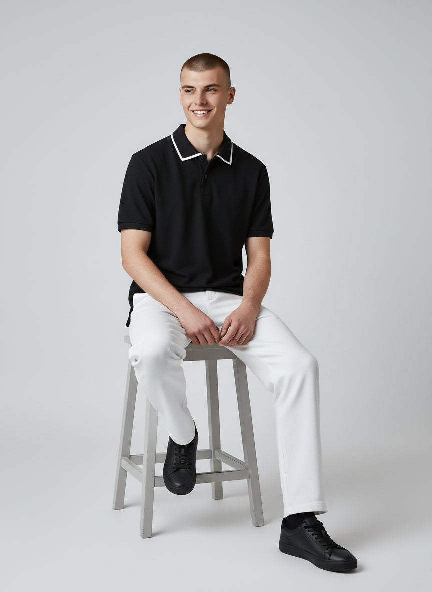 Technical Modern Black Polo with White Trim | Minimal Essential