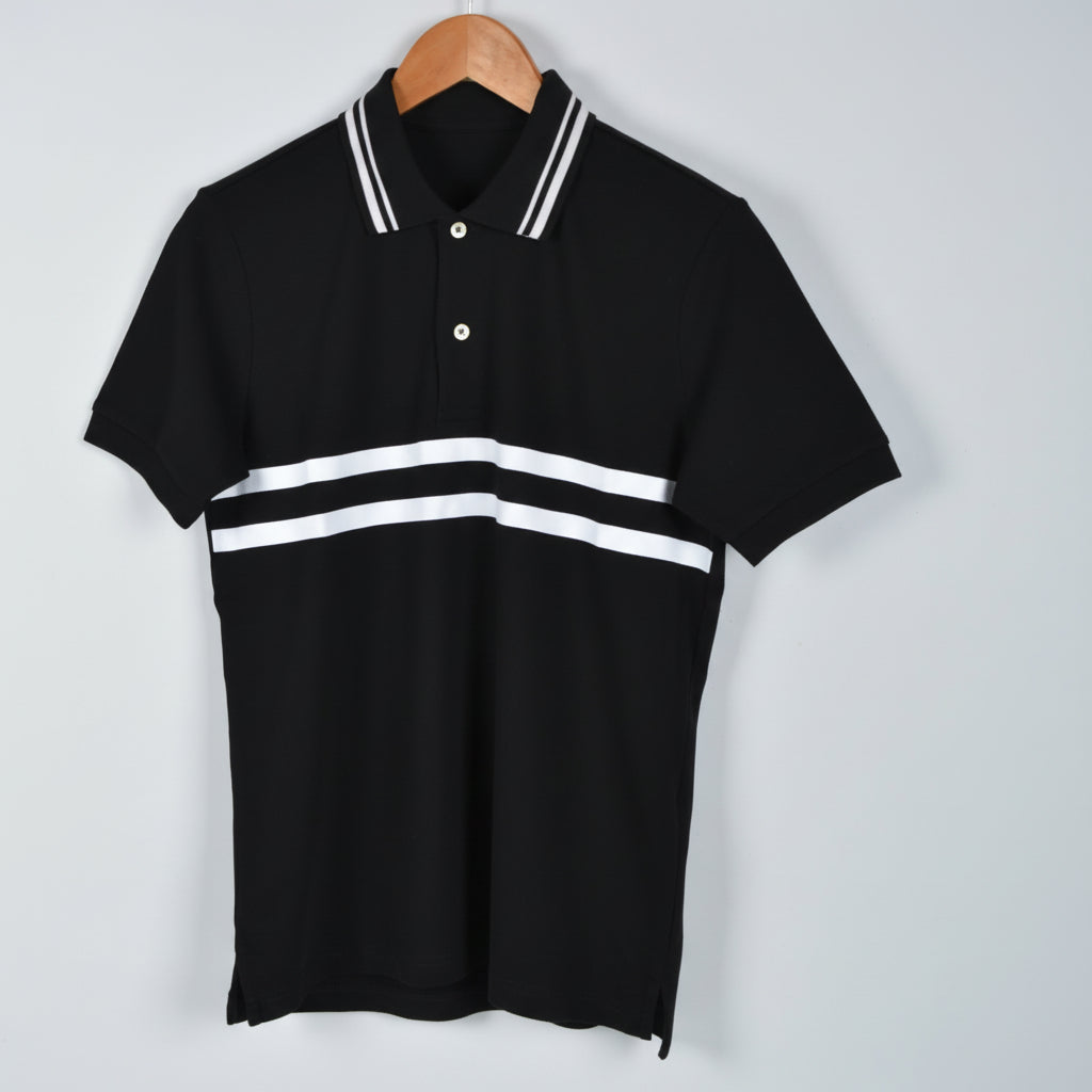 Premium Black Technical Polo Shirt with Double White Stripe
