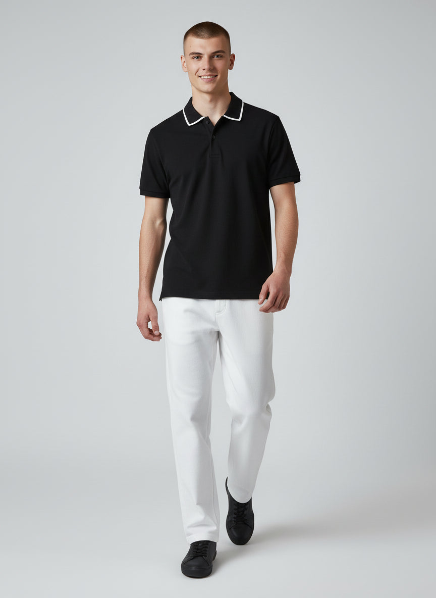 Technical Modern Black Polo with White Trim | Minimal Essential