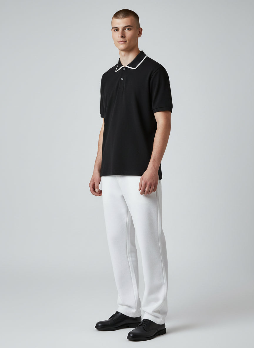 Technical Modern Black Polo with White Trim | Minimal Essential