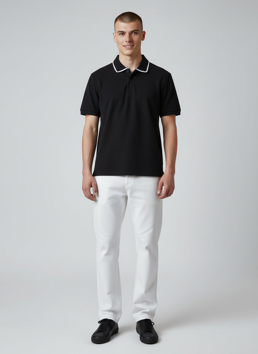 Technical Modern Black Polo with White Trim | Minimal Essential