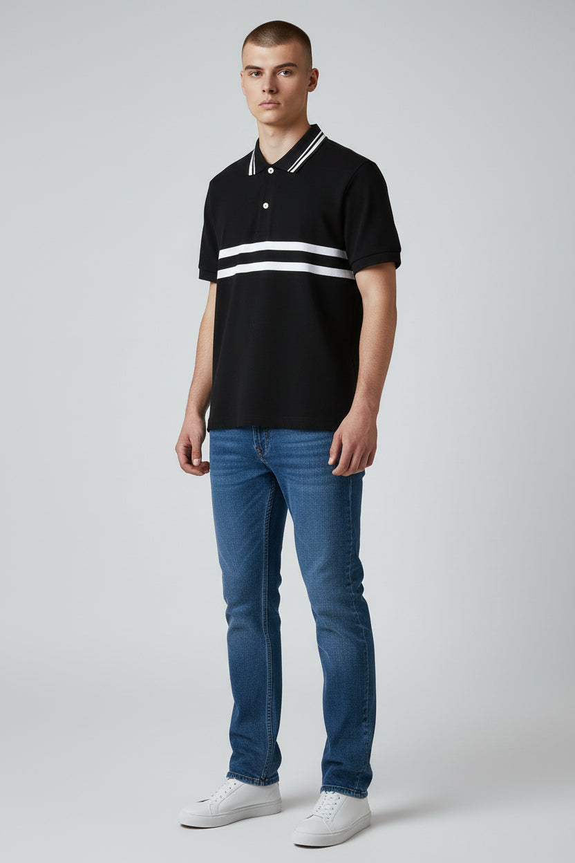 Premium Black Technical Polo Shirt with Double White Stripe